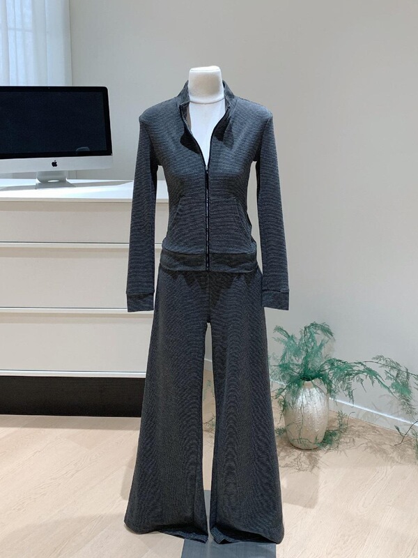 2026 New Style Gray Striped Stand-Up Collar Slim-Fit Jacket for Women, Waist-Cinching Short Top, Autumn and Winter Sweatshirt Sports Suit