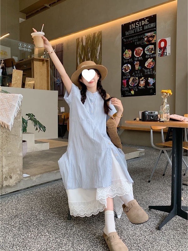 蓝色条纹短袖衬衫连衣裙女夏季2025新款韩系宽松中长款叠穿两件套|undefined