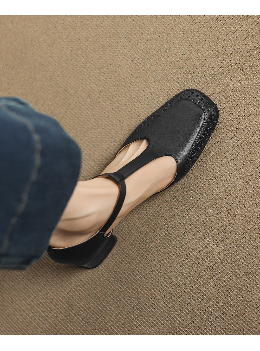 Sandal quai chữ T bít mũi da bò lớp đầu gót thô 4cm đục lỗ thoáng khí — Màu đen chi tiết 16