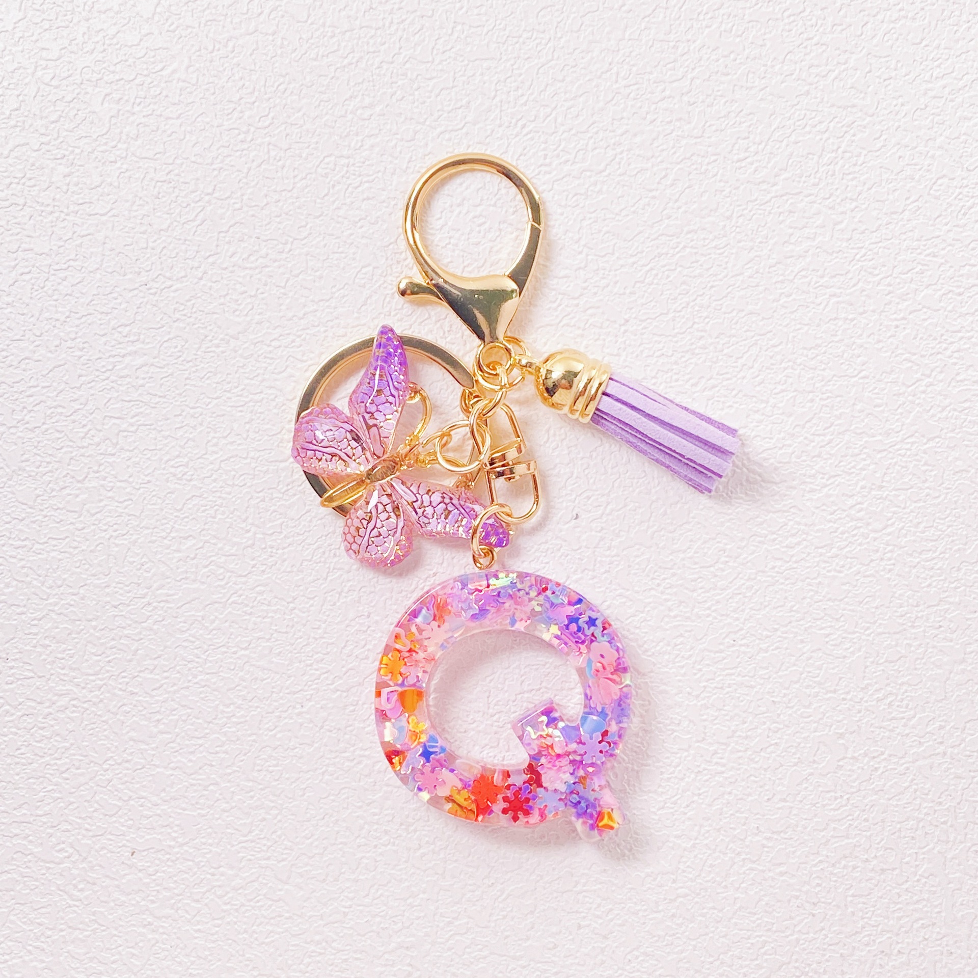 20g Weight Sequins Inlay Material Keychain Classification Daily Occasion Epoxy Material Letter, Butterfly Pattern Women's Gender Sweet Style Purple Color Letter Butterfly Keychain Epoxy Sequins Women's Sweet Keychain 18