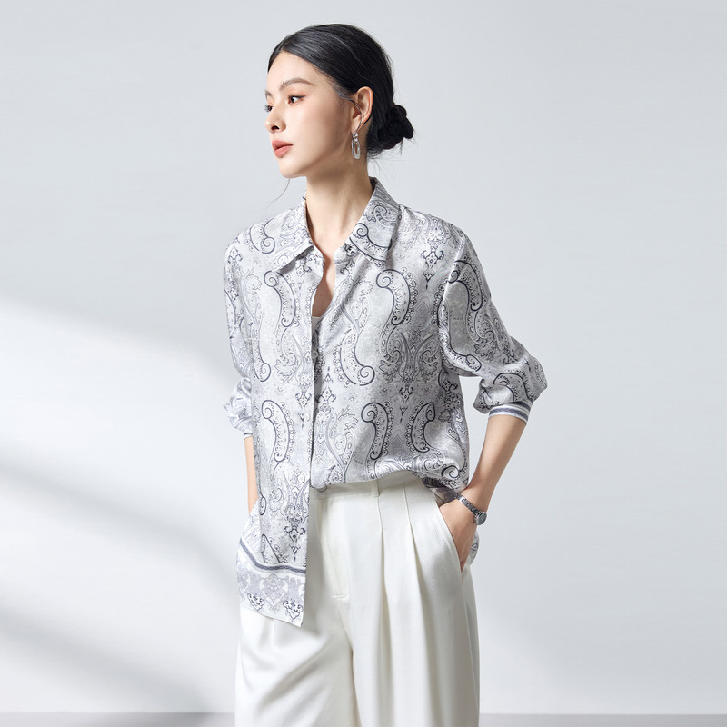 Ink Wash [100% Mulberry Silk] Classic Paisley Print Twill Silk Lapel Shirt for Women Versatile Top 3787