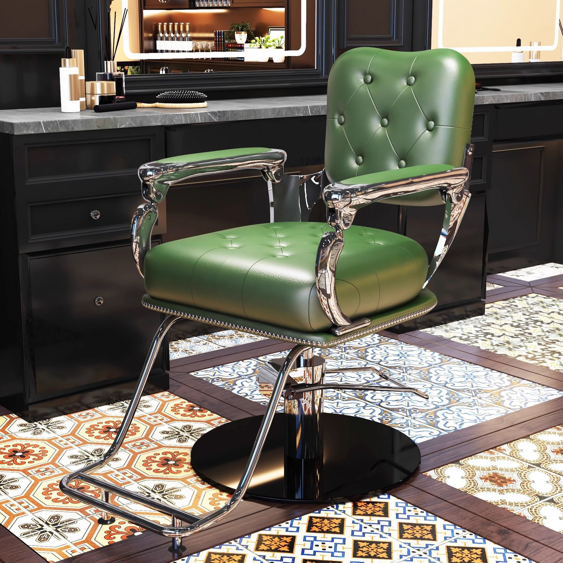 Fabricantes transfronterizos silla de peluquería retro silla de peluquería tiñida con pedal de pie silla giratoria de peluquería antigua multicolor
