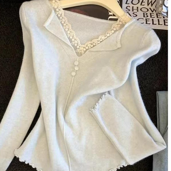 Lace patchwork long-sleeve slim-fit knit top for women, new faux two-piece ruffled base shirt Lace patchwork long-sleeve slim-fit knit top for women, new faux two-piece ruffled base shirt