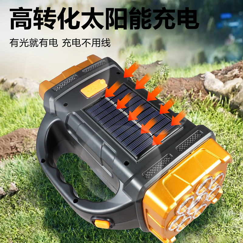 Lámpara de mano solar transfronteriza de emergencia carga de luz brillante LED linterna USB doble fuente de luz al aire libre camping exploración