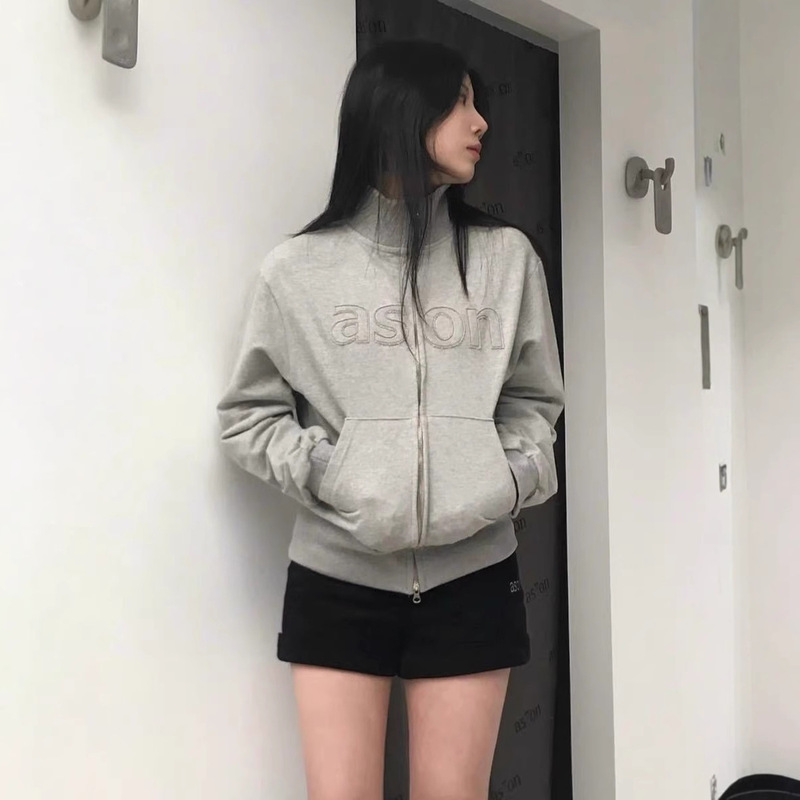 In-Stock Korean Designer Trendy Brand Korean Letter Patch Embroidery Zipper Sweatshirt Jacket Women's Stand Collar Top