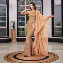 厂家直销欧美高级感亮片杏色单袖派对晚礼服长款拖地连衣裙