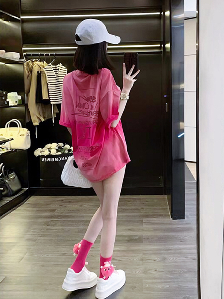 玫红色短袖女t恤夏季棉2024新款欧货大版遮屁股设计感小众潮牌