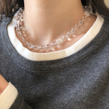 S925银白水晶圆形巴洛克珍珠拼接项链小众设计串珠欧美感夸张配饰