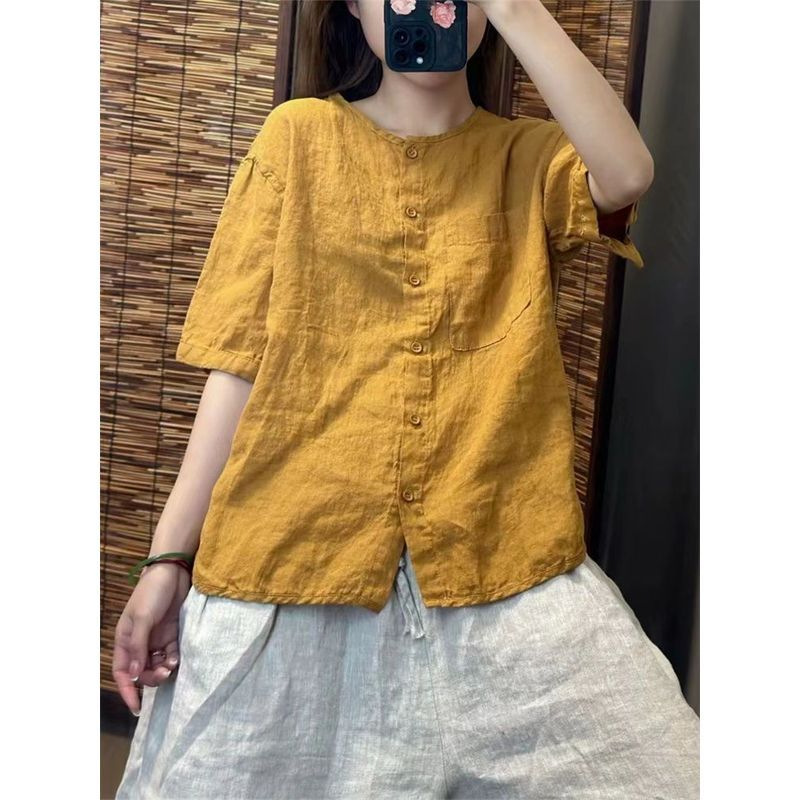 2025 Cotton Linen Short-sleeved Round Neck Shirt Women's Summer New Retro Artistic Loose All-match Age-reducing Cardigan Top
