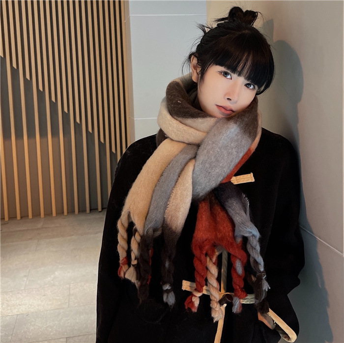 Korean Ins2023 new winter geometric color gradient mohair fringe scarf for women's shawl with two necklaces_voghion.com