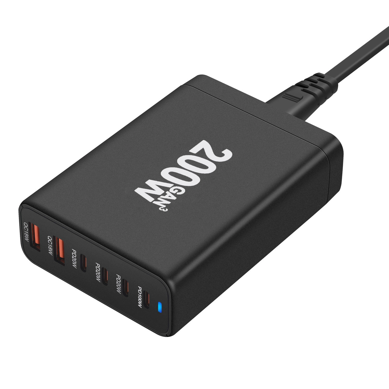 Зарядное устройство GaN на 200W, многоразъемное PD/QC USB-C & USB-A, сменные-plug варианты (US/EU/UK/AU)
