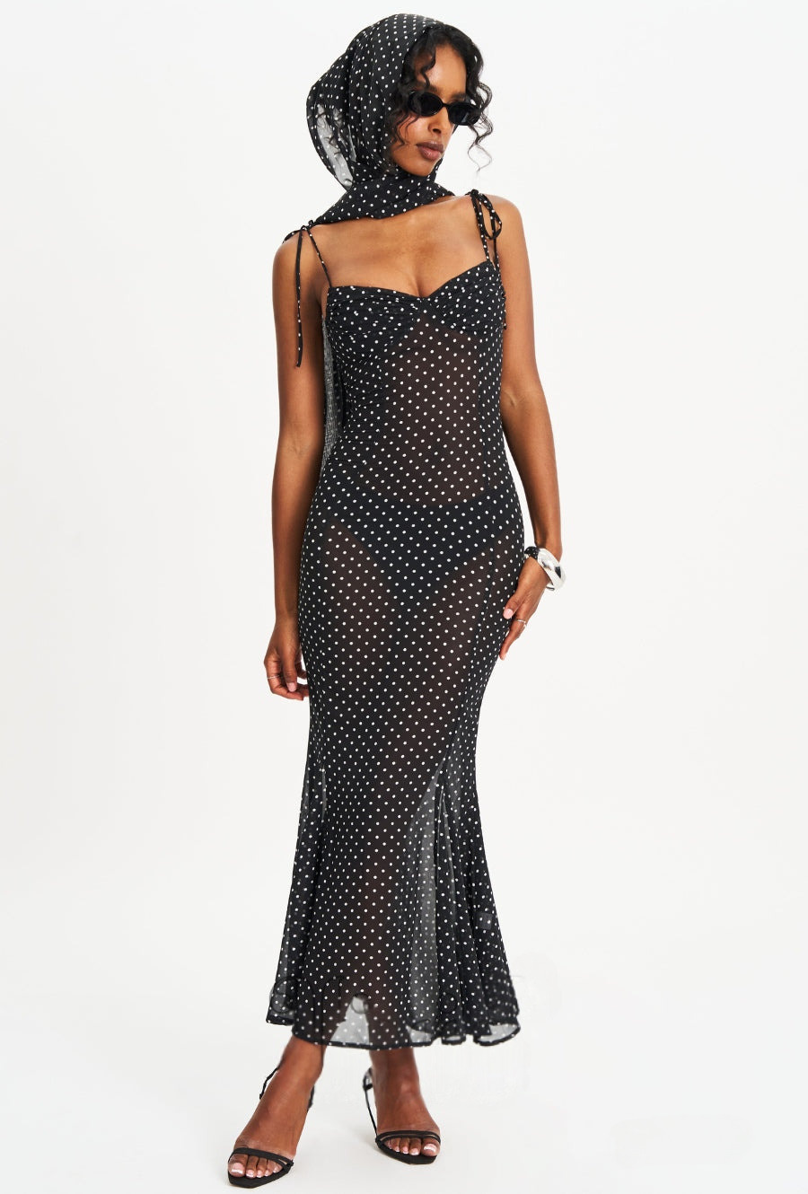 Women Elegant Spaghetti Strap Polka Dot Print Backless Dress Stylish Scarf Decor Slimming Party Vacation Dress_ecoleips.com