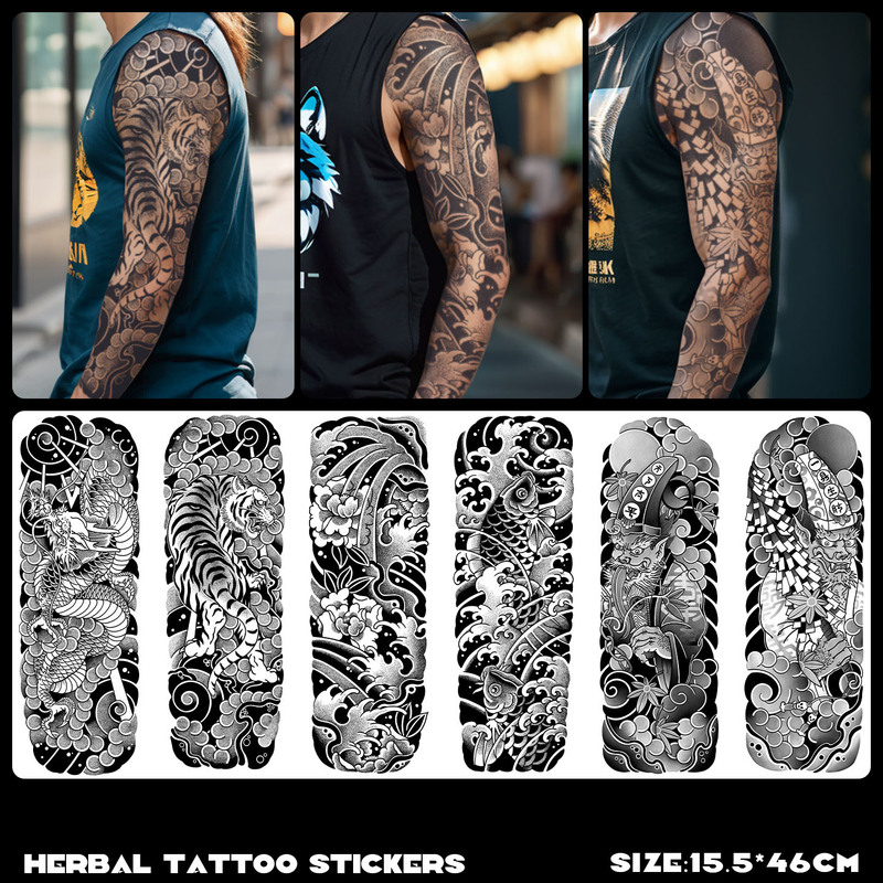Cross-Border Full-Arm Herbal Tattoo Stickers, Waterproof, Long-Lasting, Non-Reflective, Realistic Tattoo Designs for Hands, Flower Arm, Cherry Blossom Arm, Traditional Style