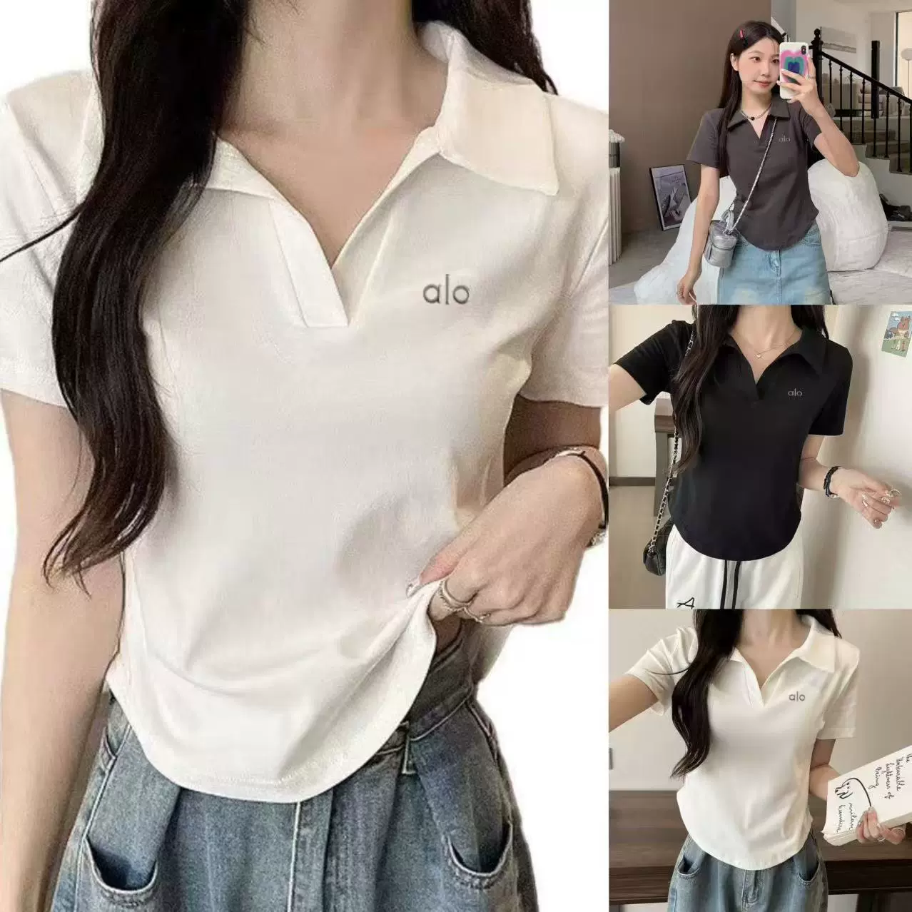 alo修身休闲套装女2025夏季新款洋气显瘦字母Polo领短袖翻领上衣
