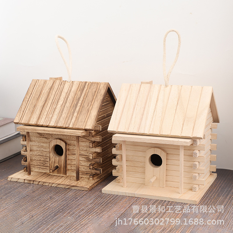 跨境木质鸟窝户外庭院鸟类喂食器木质DIY涂鸦鸟巢鹦鹉繁殖木鸟窝