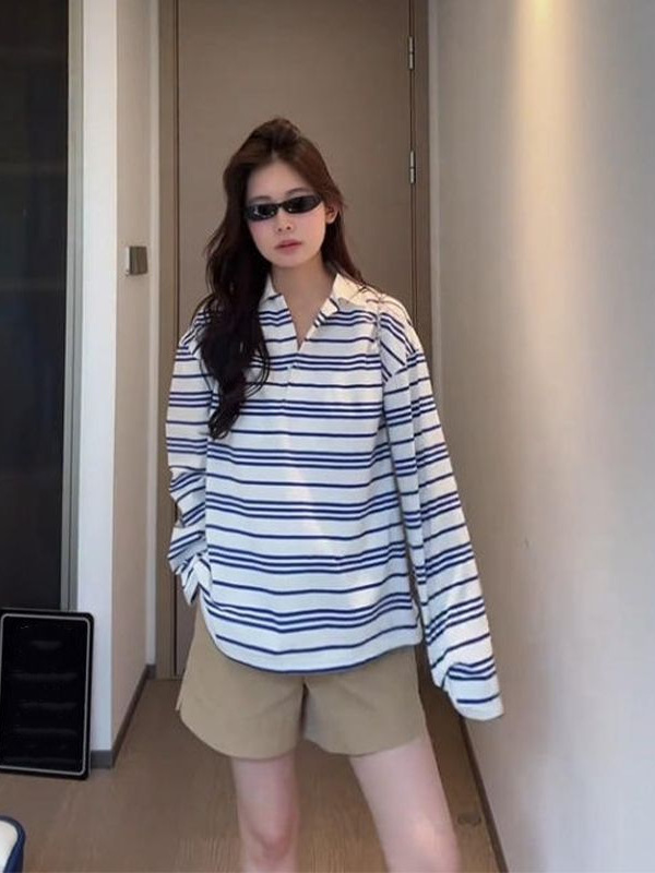 美式复古蓝色条纹polo领长袖T恤女夏季薄款外搭宽松防晒罩衫上衣|undefined