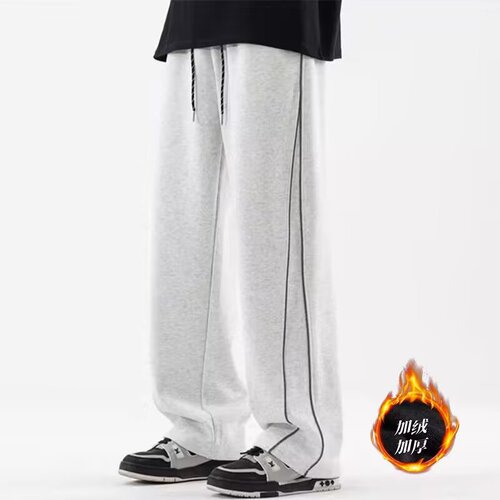 2025 Autumn/Winter New Fleece American Reflective Striped Wide Leg Casual Pants for Men Trendy Loose Straight Leg Pants