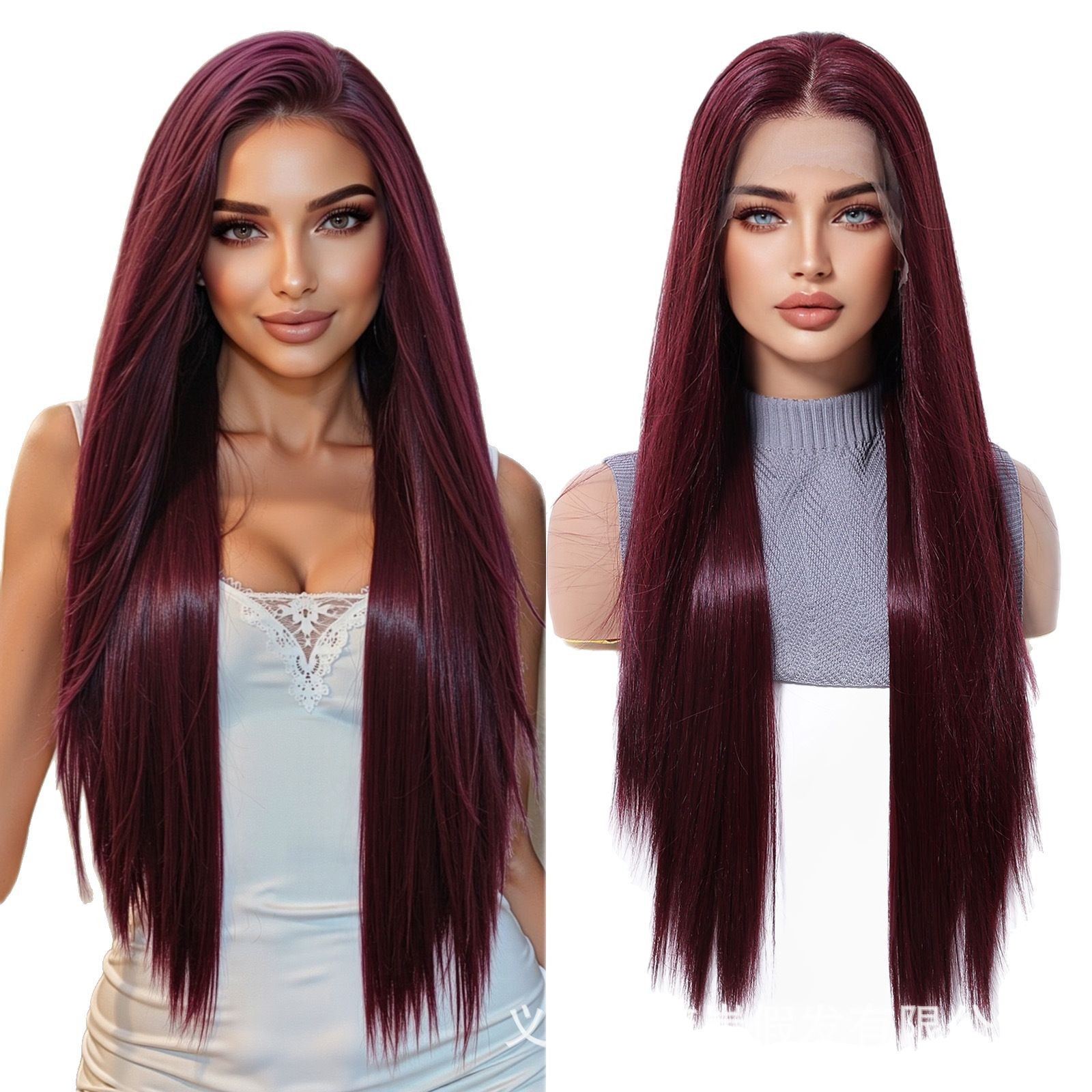 Peluca de encaje de área grande 13*6, cabello largo y liso rojo vino femenino, división aleatoria de celebridades de Internet, lugar de fábrica dulce de verano