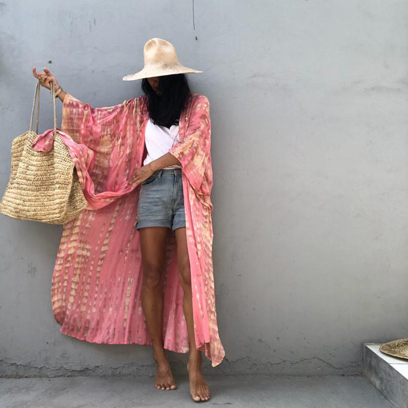 Rayon Water Print Bikini Cover up Loose Dress Sexy Cardigan Beach Sun Protection Shirt European American Style Women's Clothing Swimwear_ecoleips.com