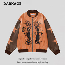 复古撞色卡通少女印花星星男女秋季新款棒球服PU皮夹克情侣外套潮