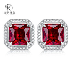 慕景珠寶2023新款1ct鴿血紅耳釘高碳鑽歐美復古s925純銀7*7耳環女