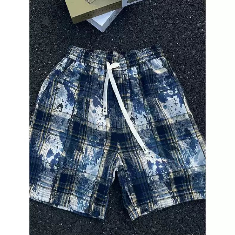 Trendy High Street Casual Retro Tie Dye Plaid Shorts Loose Fit For Men And Women Suitable For Wearing Outside And At The Beach_viptrois.com