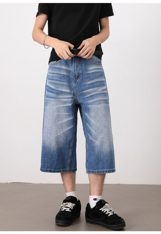 Quần short jeans nam ống rộng dáng lửng phong cách retro giặt mài — Màu xanh dương, Xanh nhạt chi tiết 18