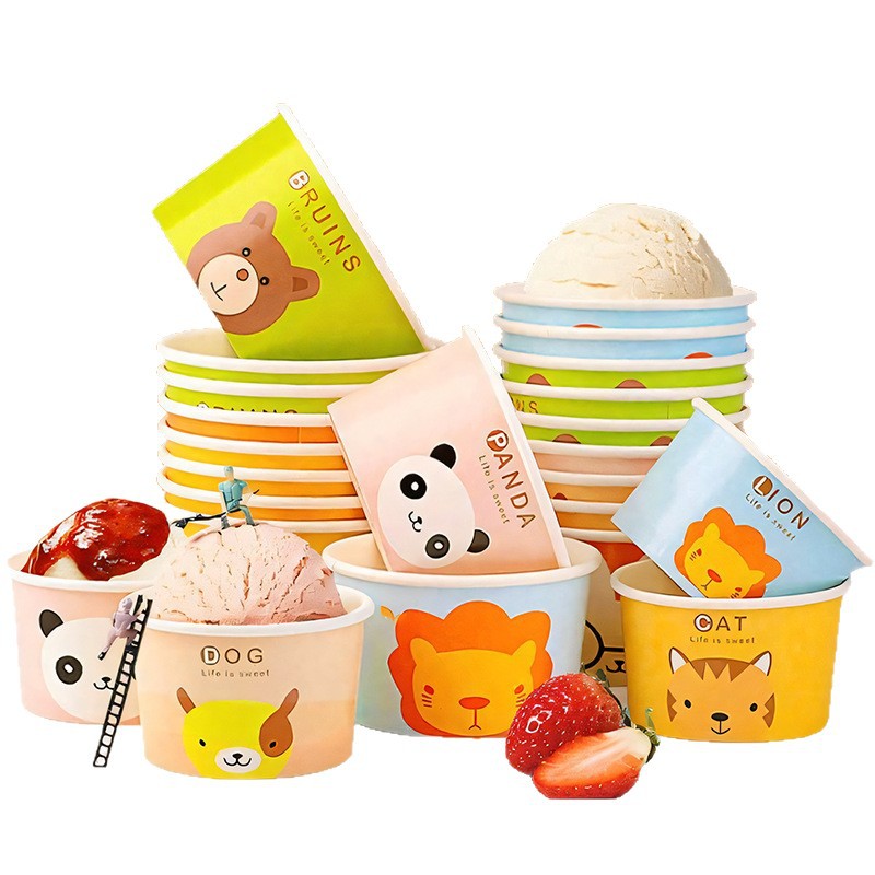 Taza de papel desechable para cortar y fritar yogur grueso tazón de papel comercial caja de hielo de plancha de hielo de polvo de hielo para llevar cubierta tropical fría impermeable