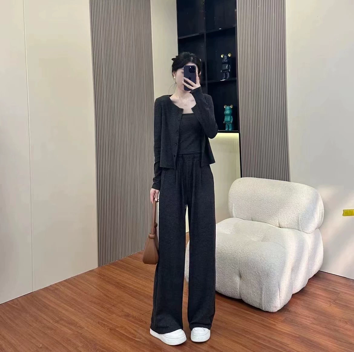 Autumn Thin Cardigan Knit 3-Piece Set — Cardigan, Tank, Wide-Leg Trousers, Loose Fit