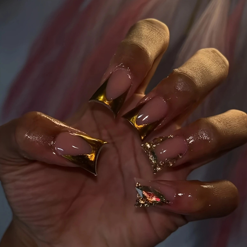 Cross-border Hot Sale Duckbill Fake Nails Simple Solid Color Advanced Sense Broken Diamond Design Wearing Nail Pieces Finished Products Wholesale