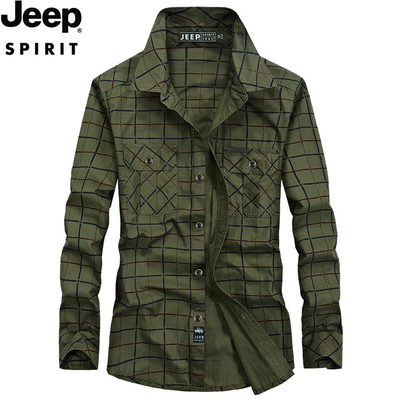 吉普棉薄款长袖衬衫格子男装春秋夏休闲透气格子衬衣RSC006