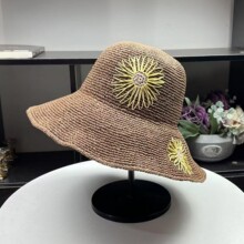 韩国版手工钩针草帽女遮阳度假沙滩帽绣太阳花小清新渔夫帽可折叠