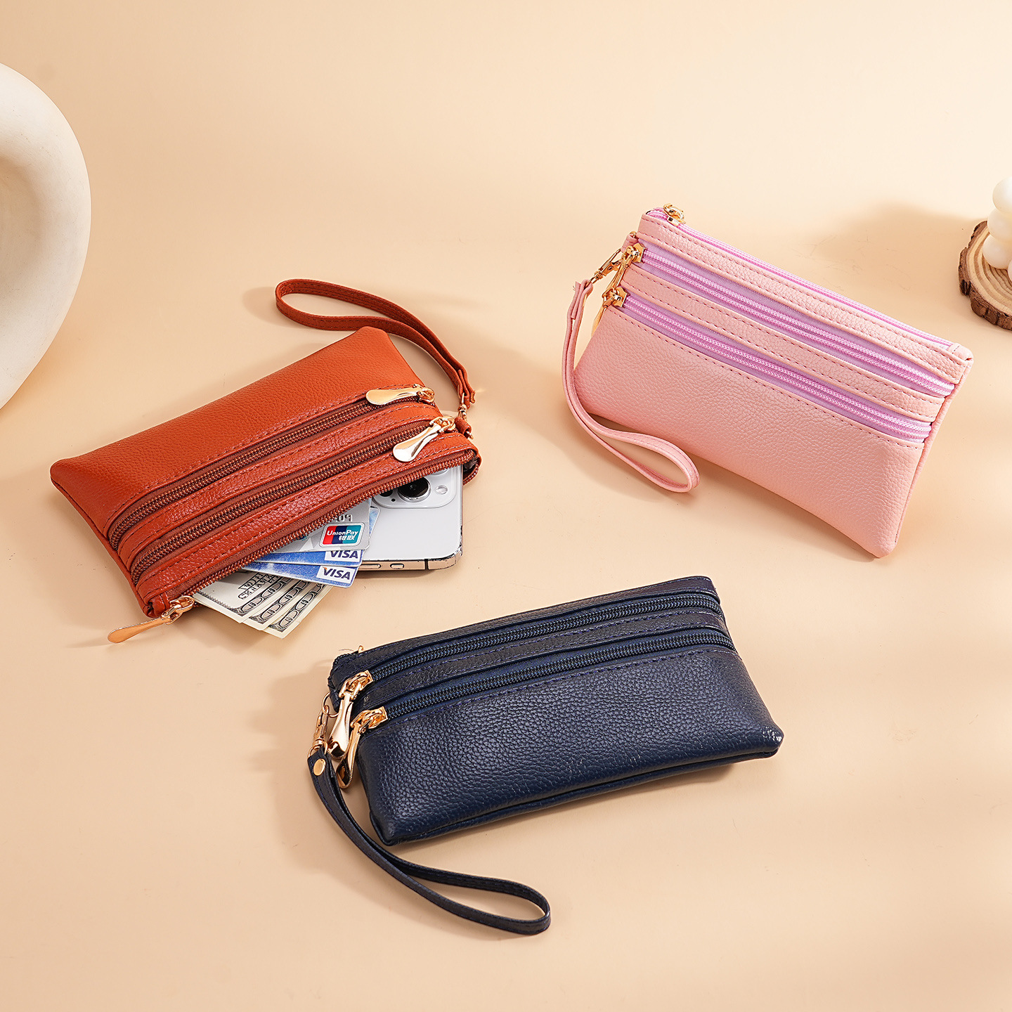 Bolso de cambio al por mayor de mujeres corta textura de cuero pequeña cartera multifuncional bolso de tarjeta de licencia de conducir bolso de llaves de cuero suave bolsa de cremallera