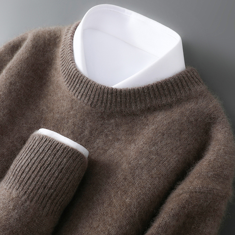 Autumn and Winter Heavyweight Thickeneded 100% Pure Wool Sweater Round Neck Loose Warm Pure Color Simple Men's Knitted Sweater Base