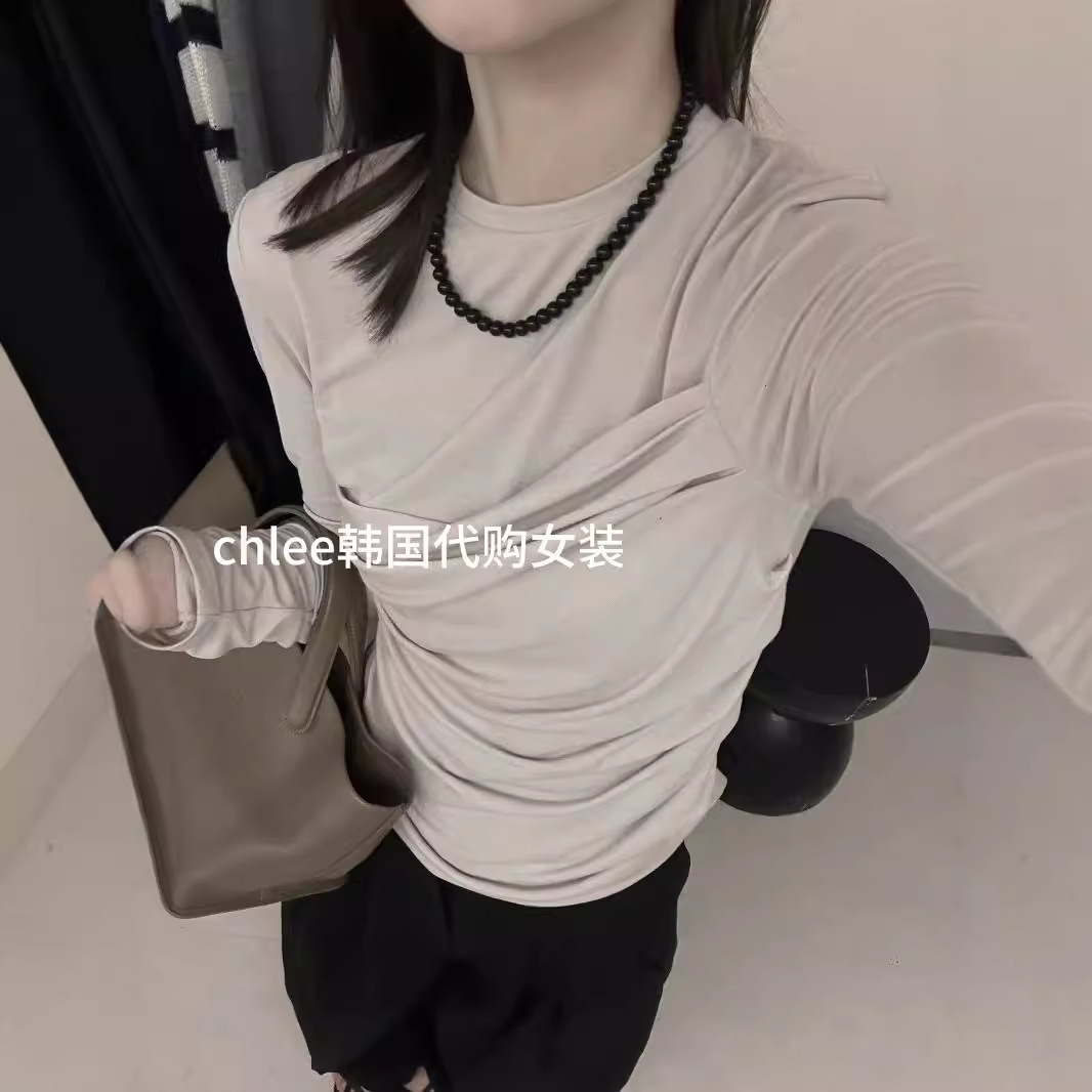 韩国代购女装mohhe修身褶皱抹胸叠穿长袖T恤打底衫弹性风格显瘦
