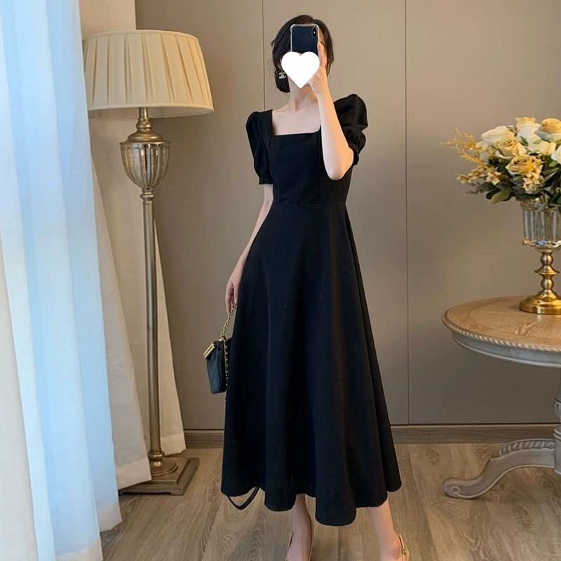 Черное платье с квадратным вырезом и пышными рукавами для женщин, лето 2025, новый стиль Хепберн, юбка "Черный лебедь", элегантное