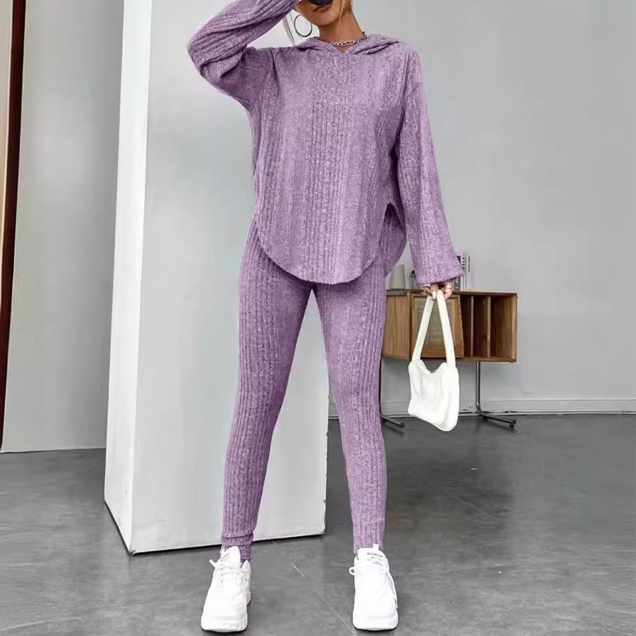2023秋冬季欧美跨境女装纯色坑条宽松连帽时尚气质长裤套装