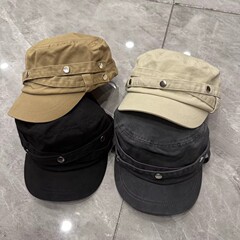 重工带子摁扣百搭显瘦减龄棉布马术帽子女春秋百搭个性平顶鸭舌帽