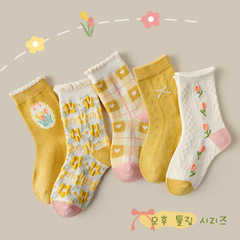 New Children's Socks 2022 Autumn Series Forest System Flower Girl Socks Princess Cartoon Flower Mid-Calf Cotton Socks Wholesale