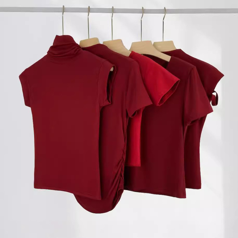 13 Xijie Same wine red Short-sleeved T-shirt Women's Shoulder Chic Beautiful Small Shirt This Year Slim Top