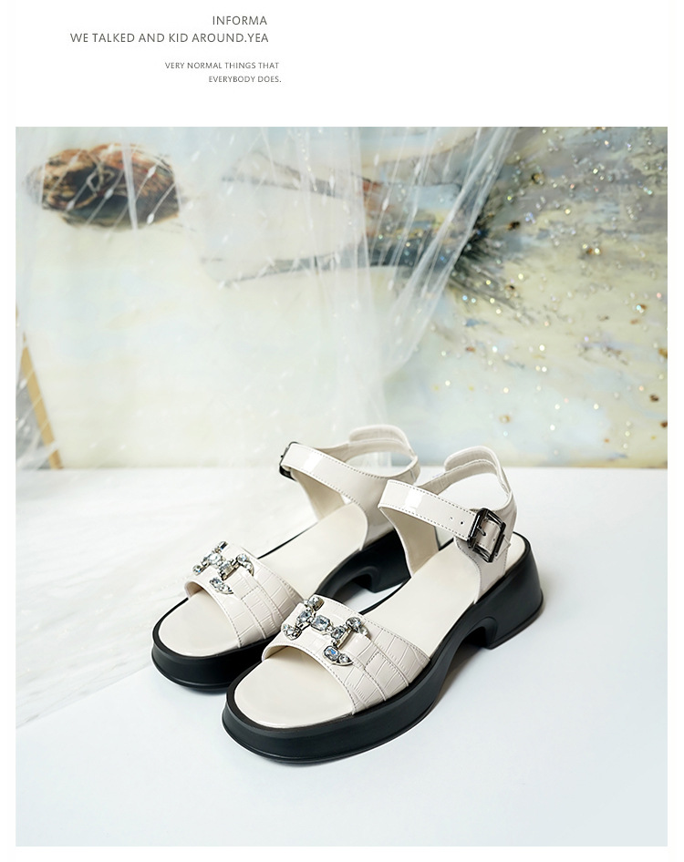 Sandal cao gót nữ da bò đế dày quai ngang đính đá — màu đen chi tiết 23
