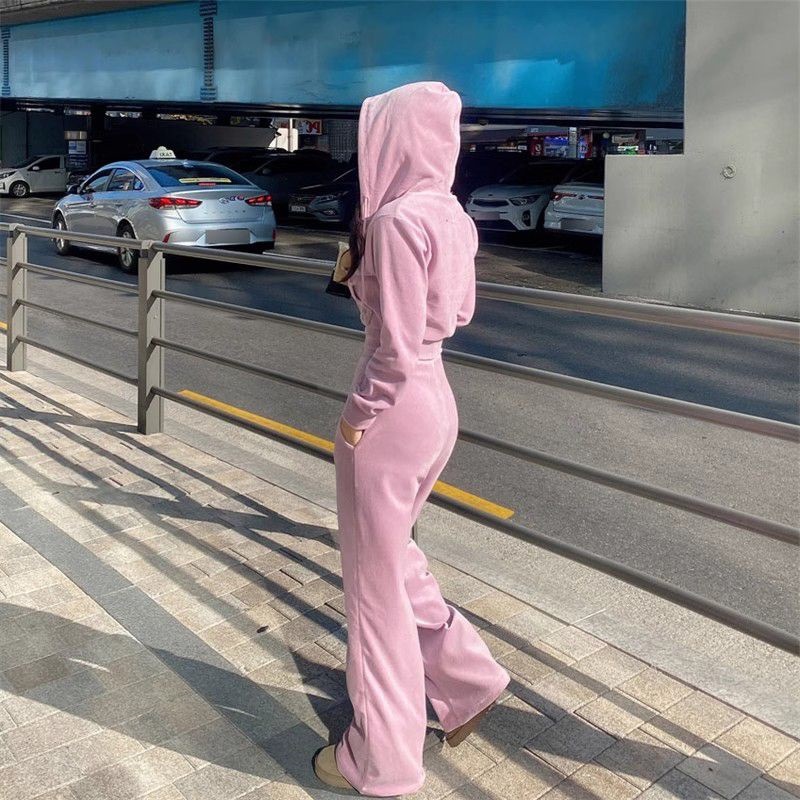 골든 벨벳 후드 지퍼 스웨터 세트 여성 가을 겨울 새로운 한국식 루즈 캐주얼 패션 여성 투피스 세트