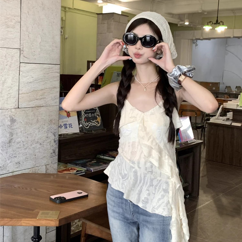Vintage distressed holeless camisole top for women, summer 2025 new style, waist-cinching, irregular pleated edge splicing, trendy