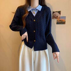 毛衣女款2025秋冬季新款拼接假两件衬衫针织开衫时尚长袖短款上衣