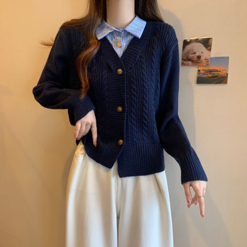毛衣女款2025秋冬季新款拼接假两件衬衫针织开衫时尚长袖短款上衣|undefined