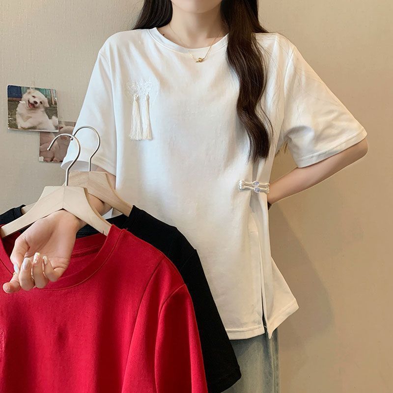 Nueva camiseta de manga corta con botones de borla de estilo nacional chino para mujer 2024 verano nuevo estilo suelto y delgado top de talla grande para mujer ins