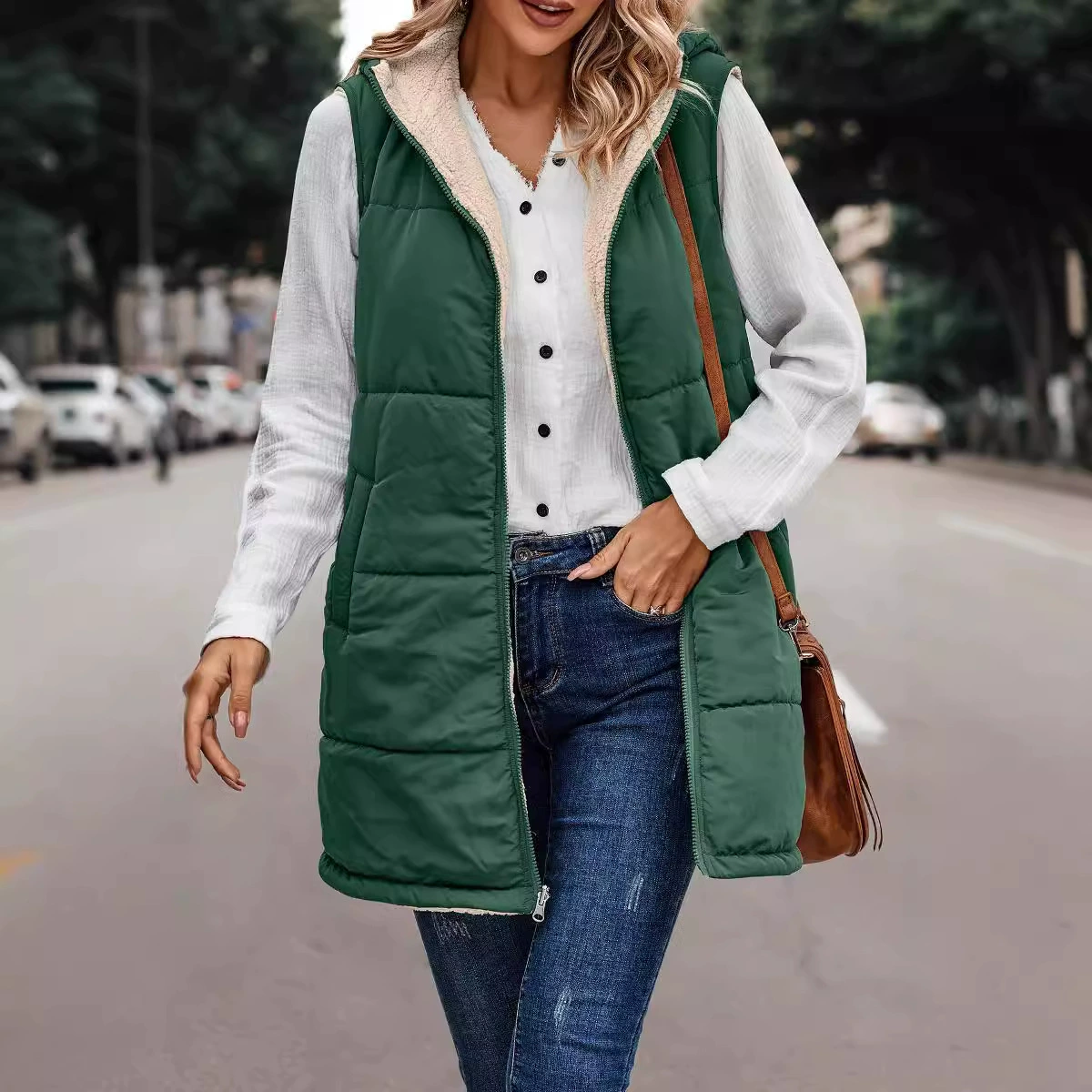  Colored down jacket with hood, double-sided vest, cardigan, 2023, European style, slim fit