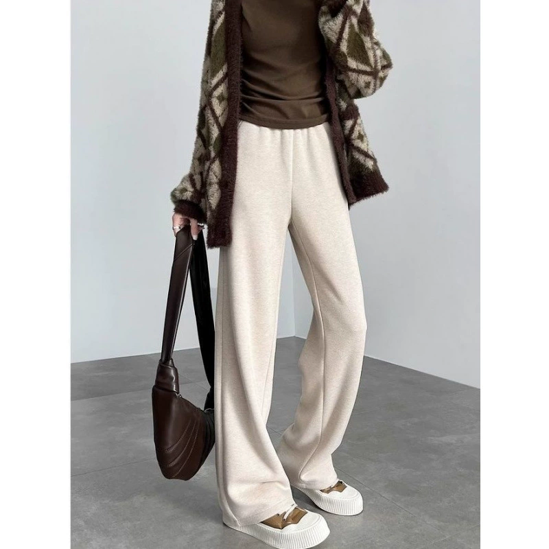 Овсяный цвет узкой версии шерстяные широкие брюки осенние и зимние толстые женские брюки с высокой талией