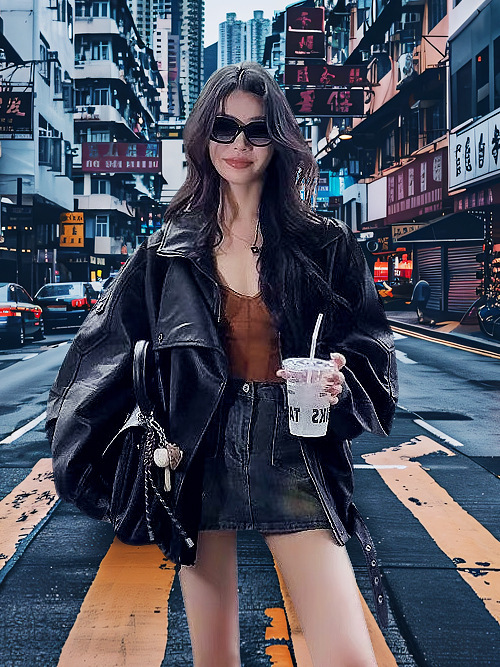 Black Retro Motorcycle Lapel Pu Leather Jacket Women's Cool Style 2025 Autum New Leather Jacket Top