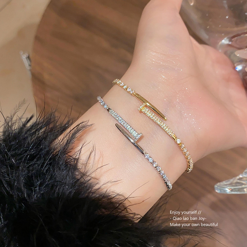 Real Gold Electroplated Zircon Nail Geometric Adjustable Bracelet Simple High-End Temperament Bracelet Commuting Beads Versatile